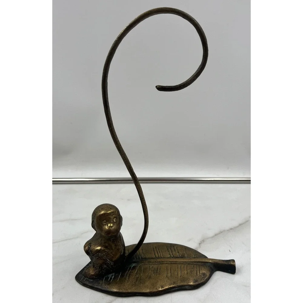 Vintage Brass Monkey Banana Hanger Leaf Base Tropical Kitchen Decor Bronze Tone